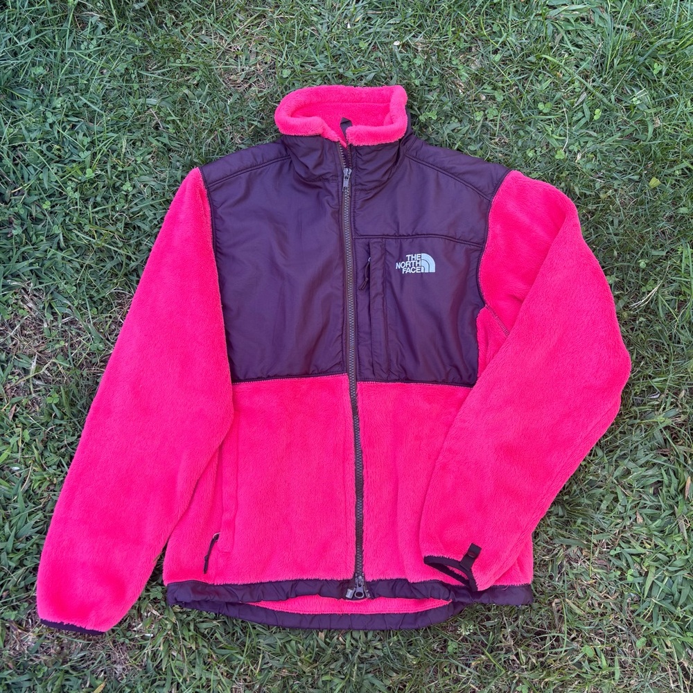 Fuzzy North Face Polartec Jacket bright coral color